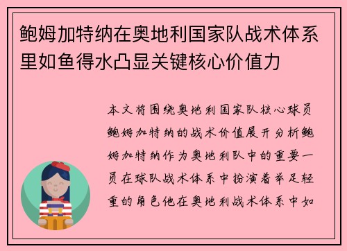 鲍姆加特纳在奥地利国家队战术体系里如鱼得水凸显关键核心价值力 鲍姆加特纳在奥地利国家队战术体系里如鱼得水凸显关键核心价值力
