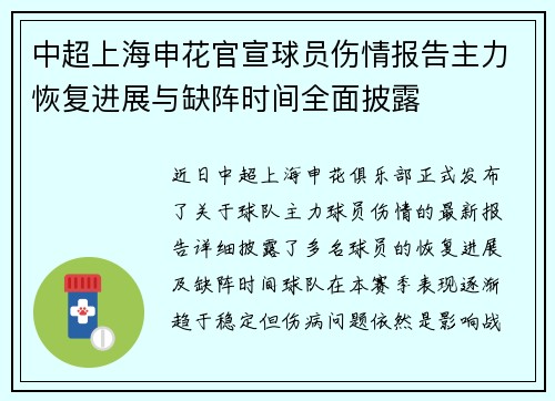 中超上海申花官宣球员伤情报告主力恢复进展与缺阵时间全面披露